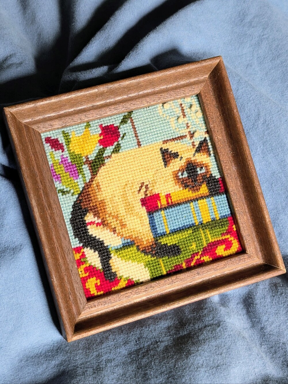 Vintage 80s Cross-Stitch Siamese Cat in Wood Frame Handmade